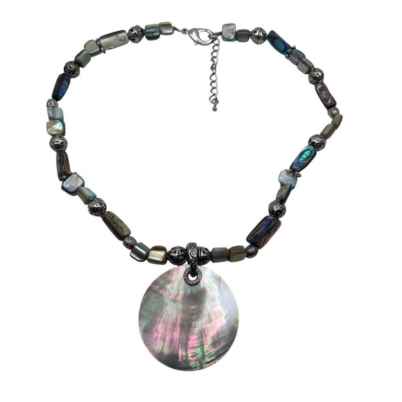 Cookie Lee Style Shell Pendant Necklace Earring Set Unmarked Beaded Silver Tone - Picture 10 of 12